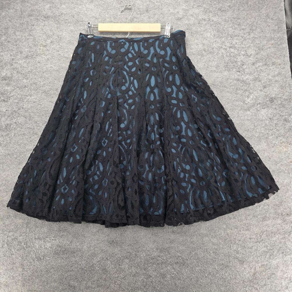 Coldwater Creek Skirt Womens Petite 10 Black Blue Floral Lace Overlay Midi New